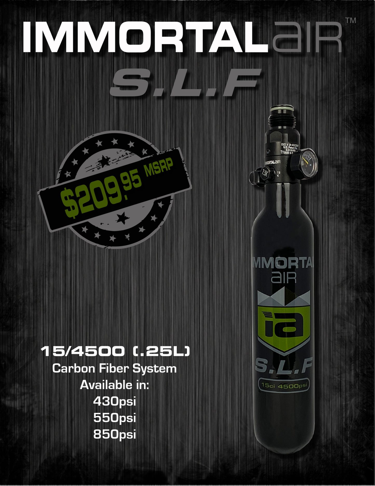 Immortal Air S.L.F. 15ci 4500psi Carbon Fiber HPA Tank