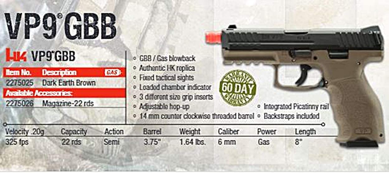 Heckler & Koch VP9 Green Gas Blowback Airsoft Pistol - Tan - H&K