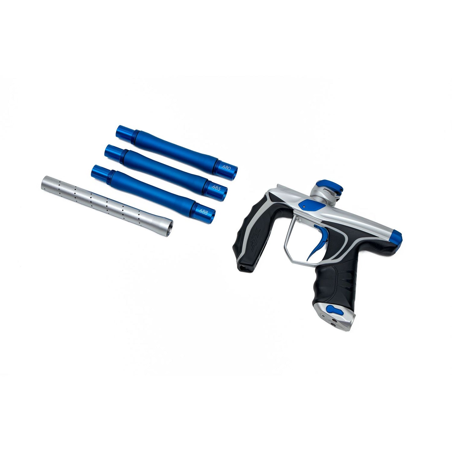 Empire SYX 1.5 Paintball Marker - Dust Silver/Blue w/ 3 barrel backs