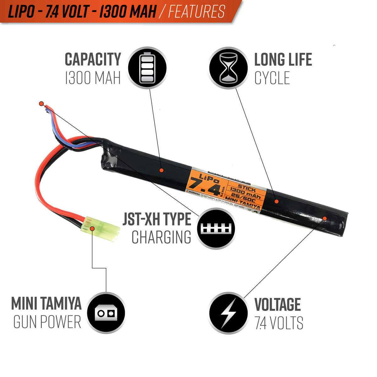 Valken 7.4V 1300mAh 25/50C LiPo Stick Battery (Small Tamiya)