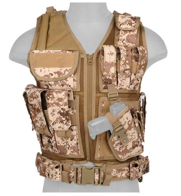 Lancer Tactical 1000D Nylon Airsoft Combat Vest w/Holster - Desert Digital