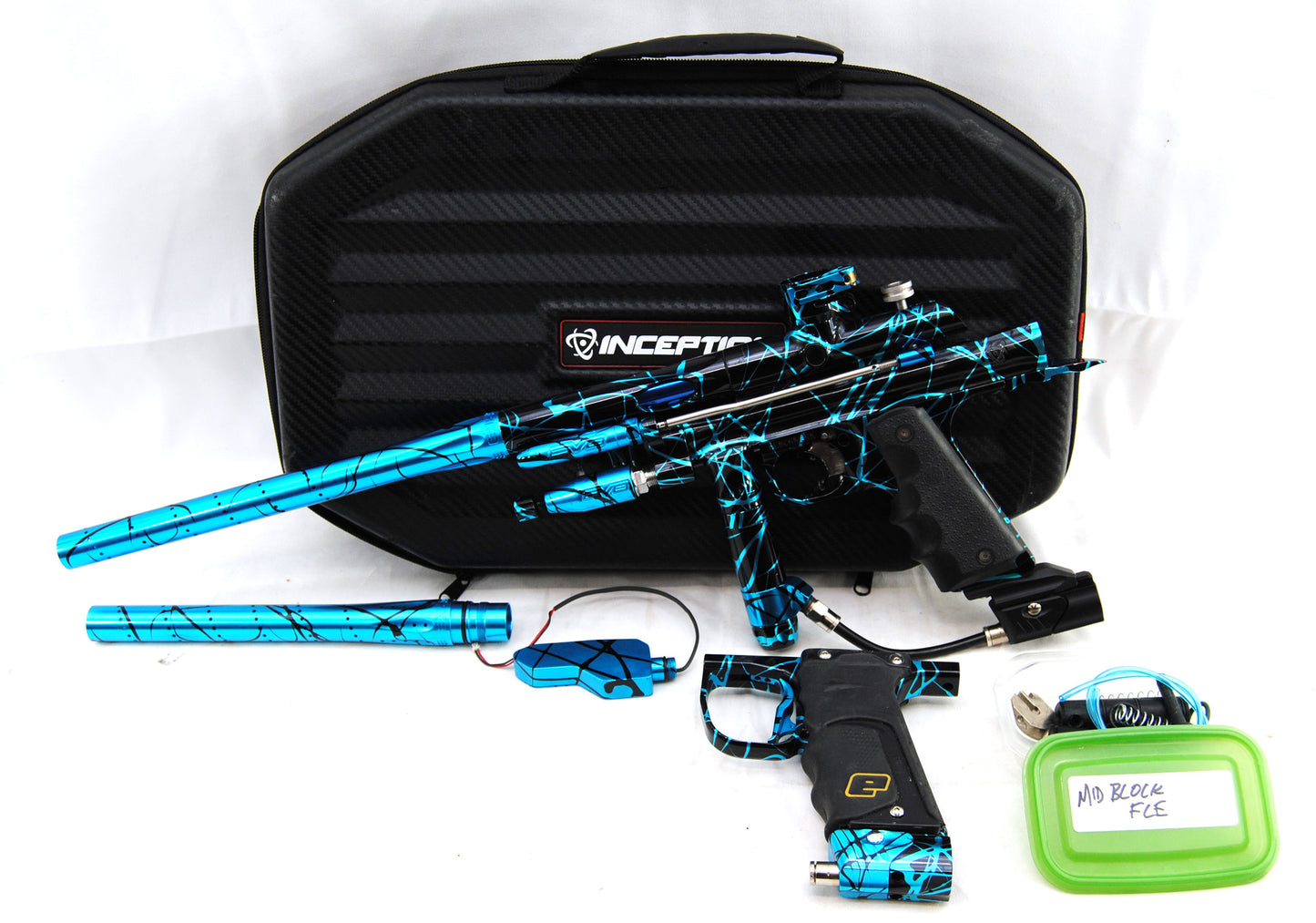 Used Inception Designs FLE Midblock Autococker with E2 E-Blade - Teal Black Splash
