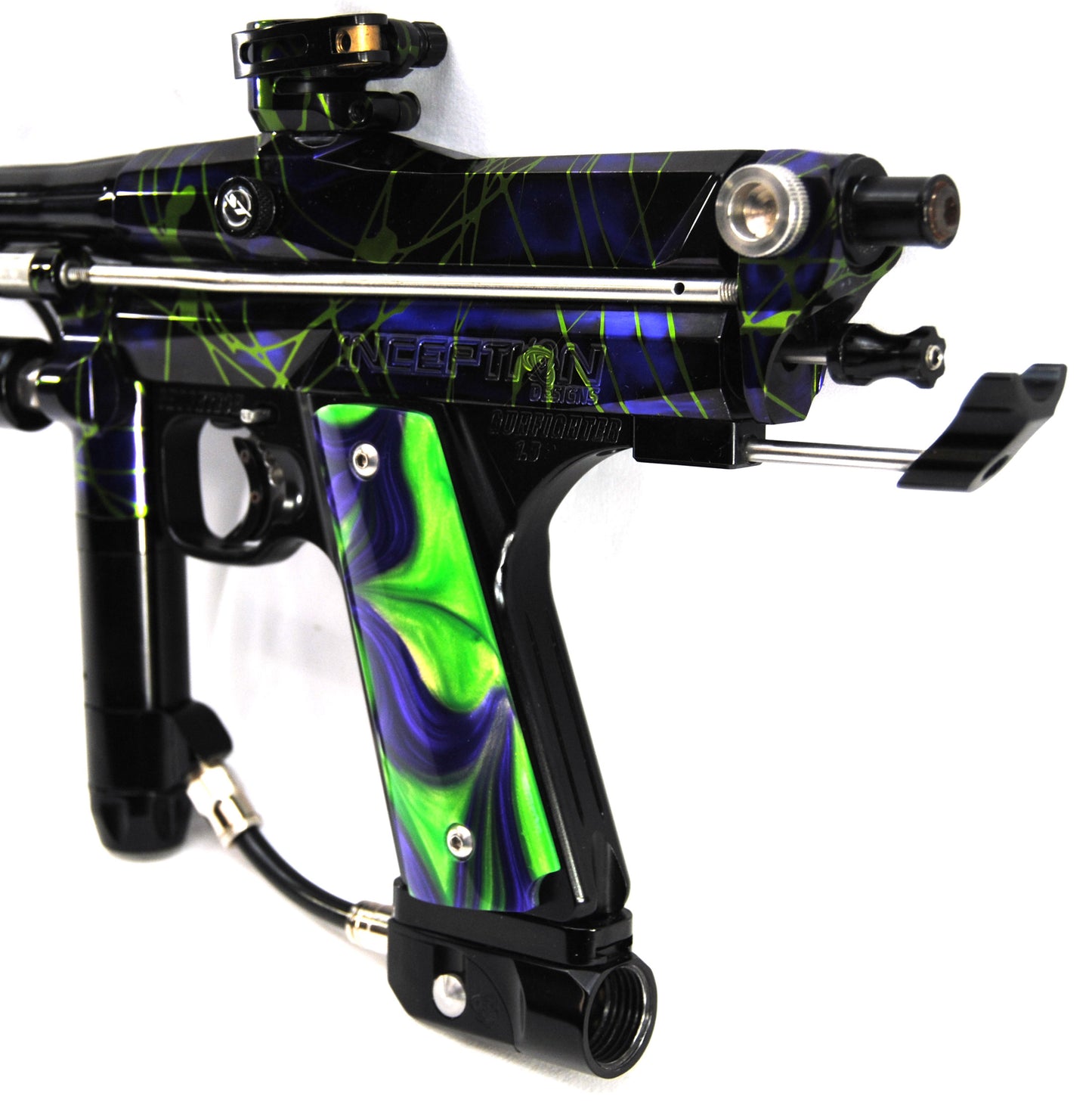 Used Inception Designs Fighter Autococker - Black/Purple w/ Green Splash