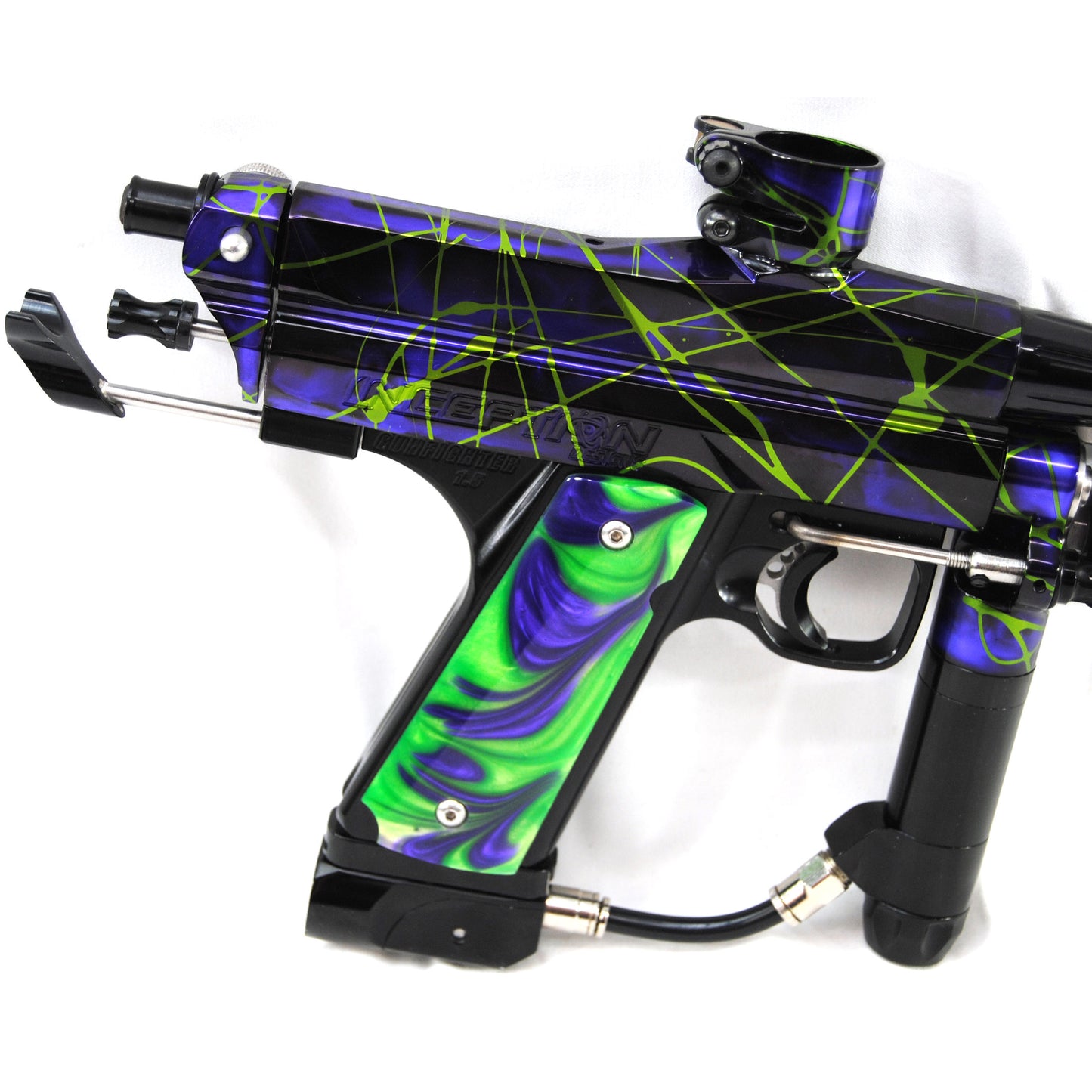 Used Inception Designs Fighter Autococker - Black/Purple w/ Green Splash