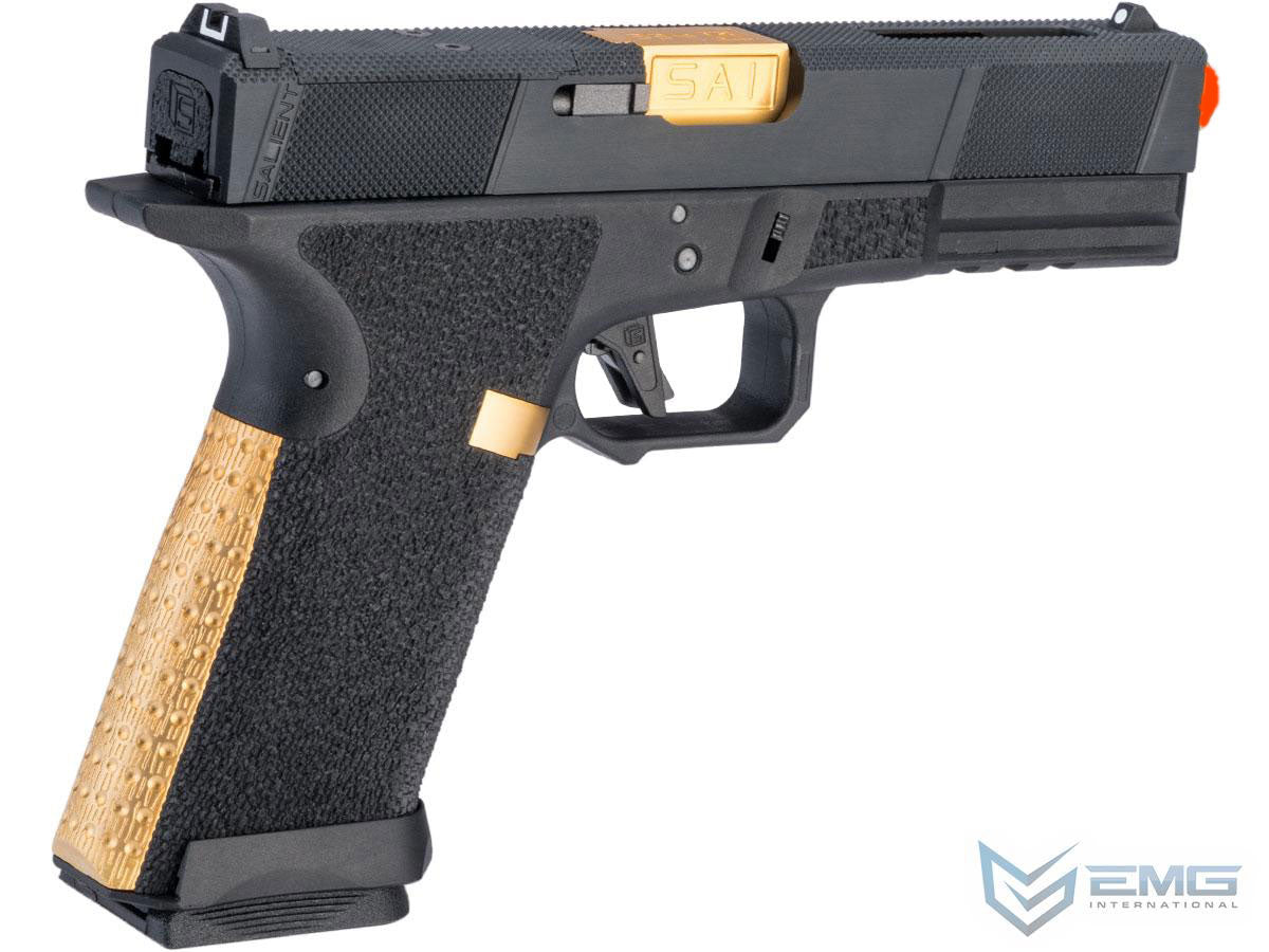 EMG Salient Arms International BLU w/ EMG Tier One Utility RMR-Cut Slide Gas Blowback Airsoft Pistol - Black w/ Gold Barrel - Evike