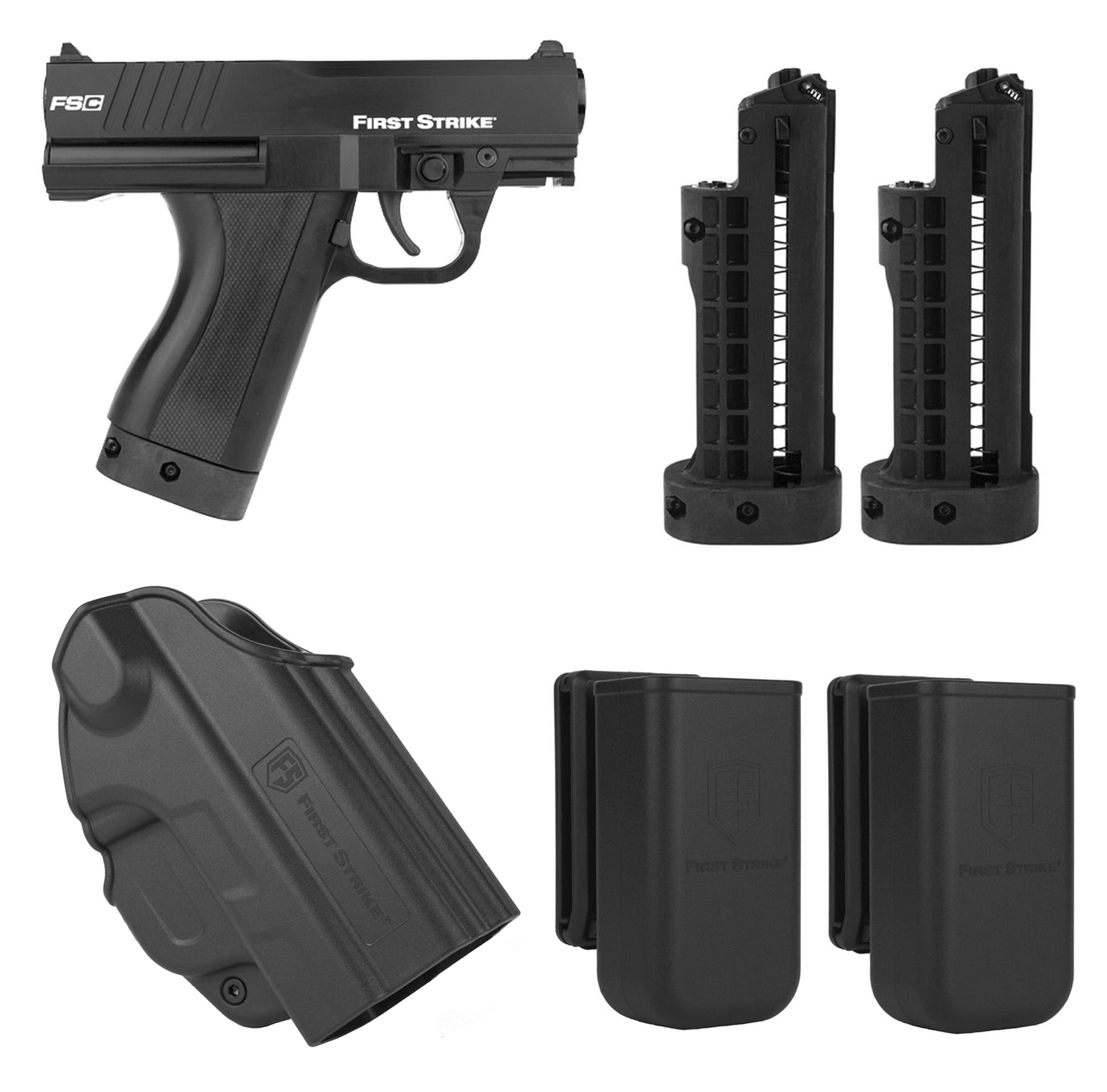 First Strike FSC (First Strike Compact) Paintball Pistol with 3 Mags, Holster and Mag Holsters - Black - First Strike