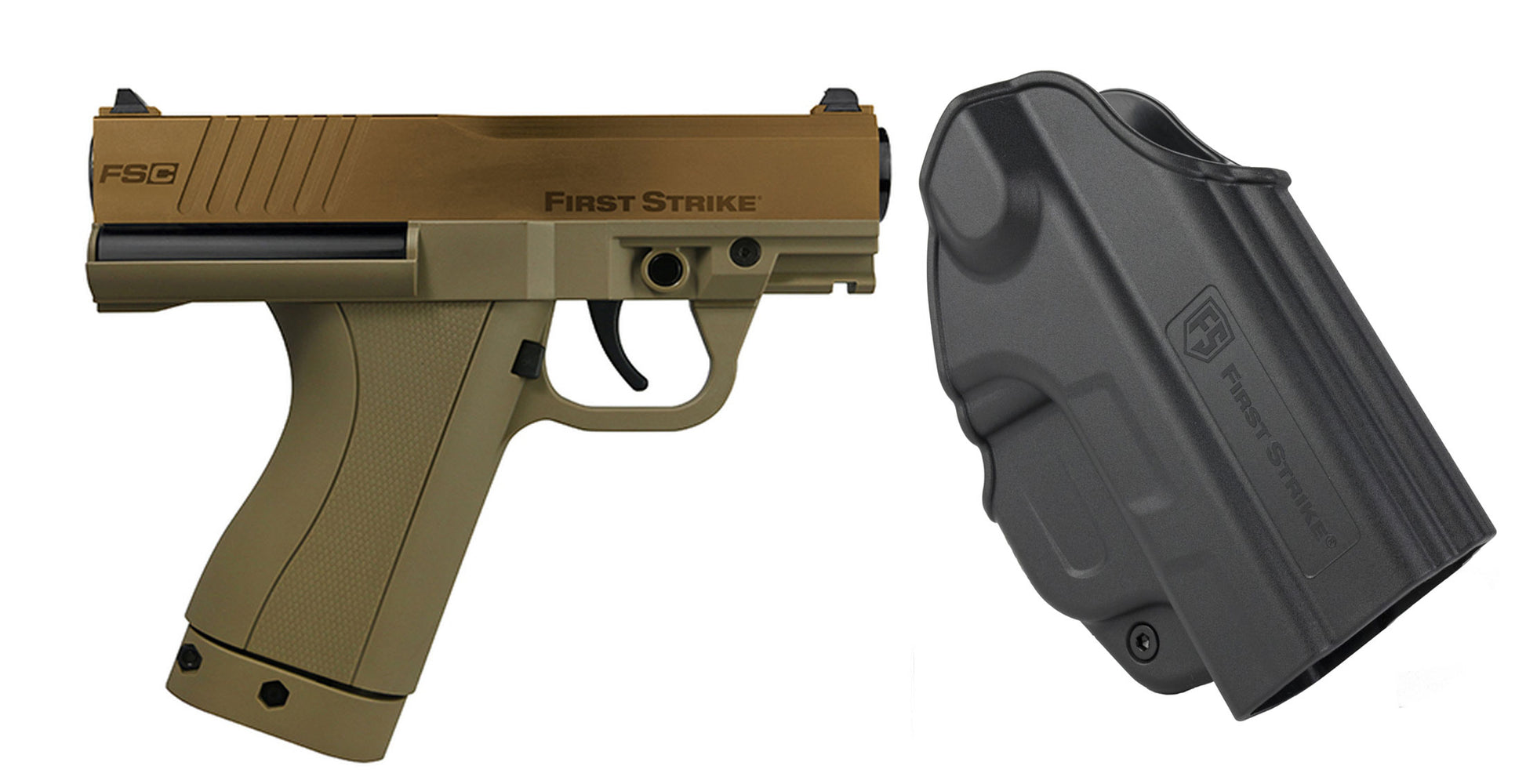 First Strike FSC (First Strike Compact) Paintball Pistol with Holster - Bronze/Tan - First Strike