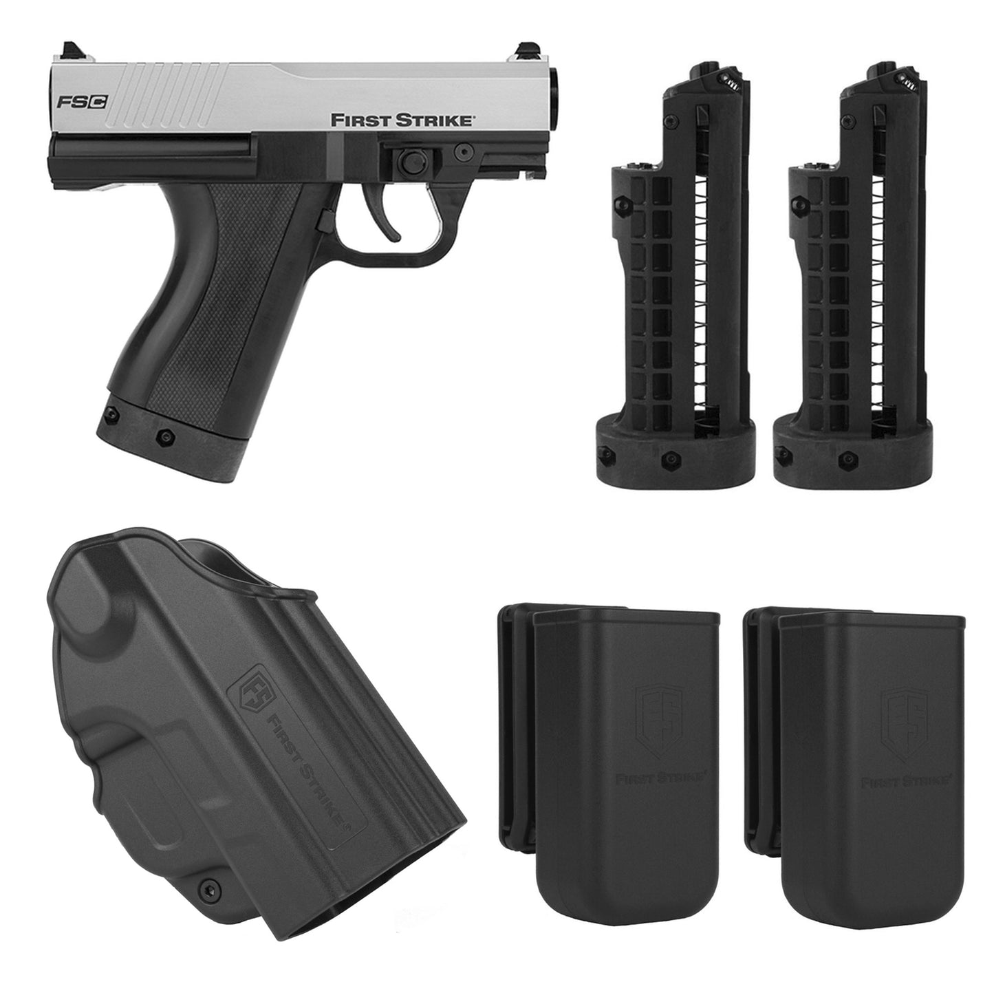 First Strike FSC (First Strike Compact) Paintball Pistol with 3 Mags, Holster and Mag Holsters - Silver/Black - First Strike