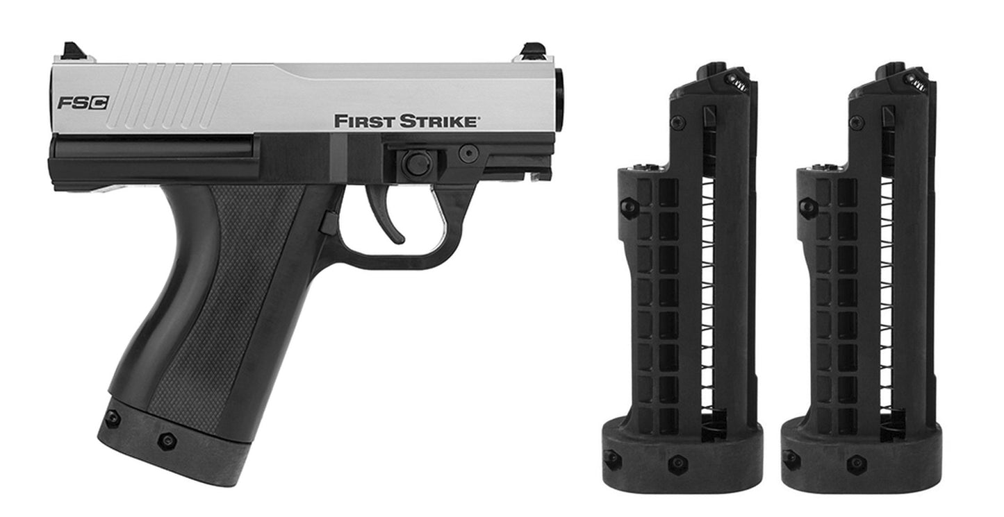 First Strike FSC (First Strike Compact) Paintball Pistol with 3 Mags - Silver/Black - First Strike