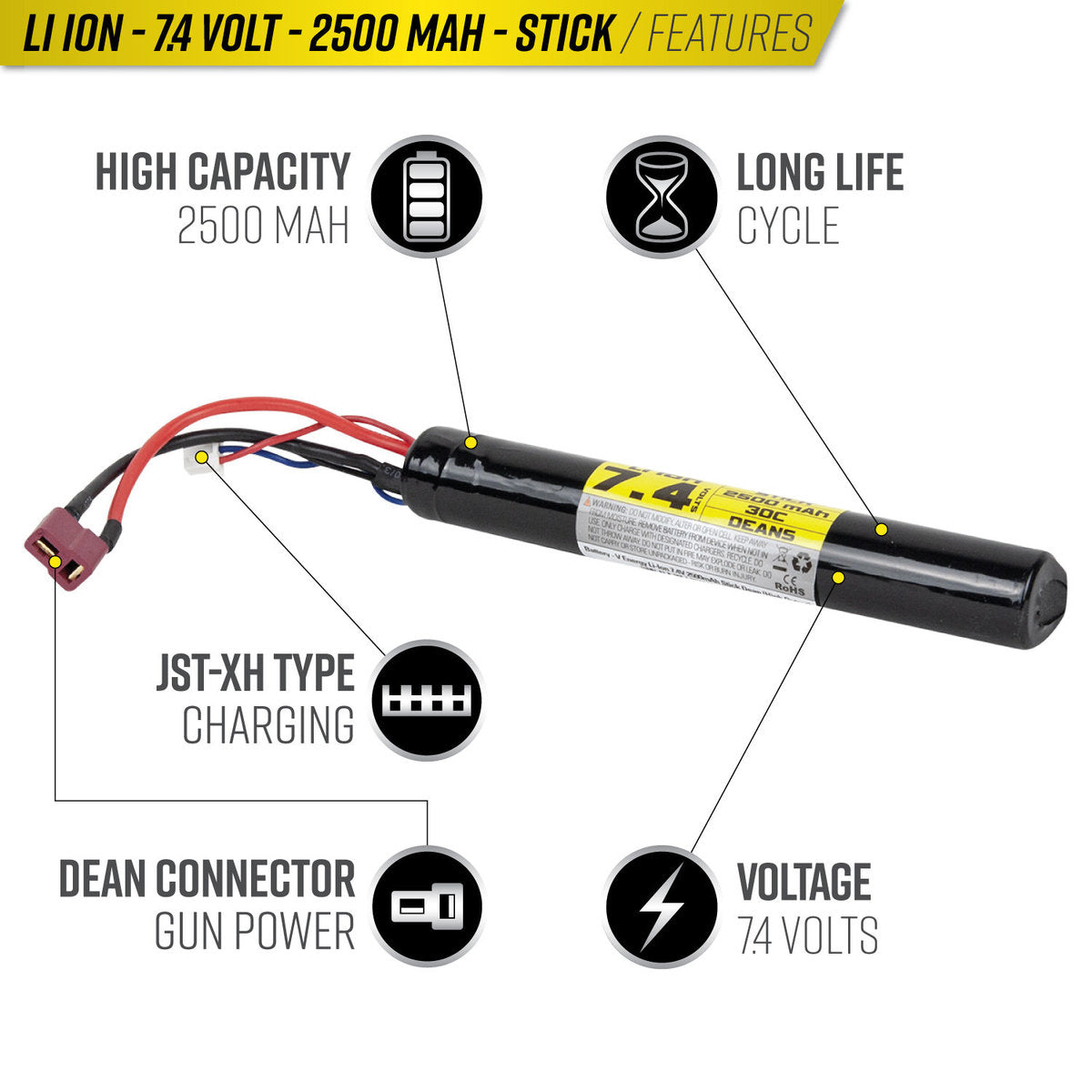 Valken Energy Li-Ion 7.4V 2500mAh Stick Style - Deans