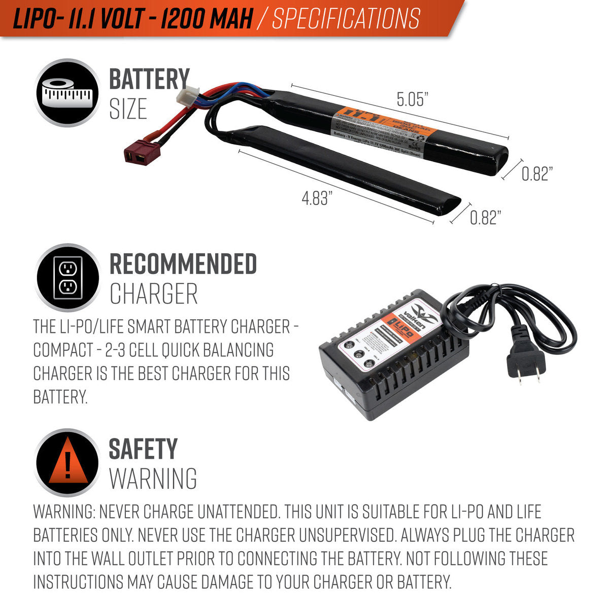 Valken LiPo 11.1V 1200mAh 30C Split Style Battery - Deans