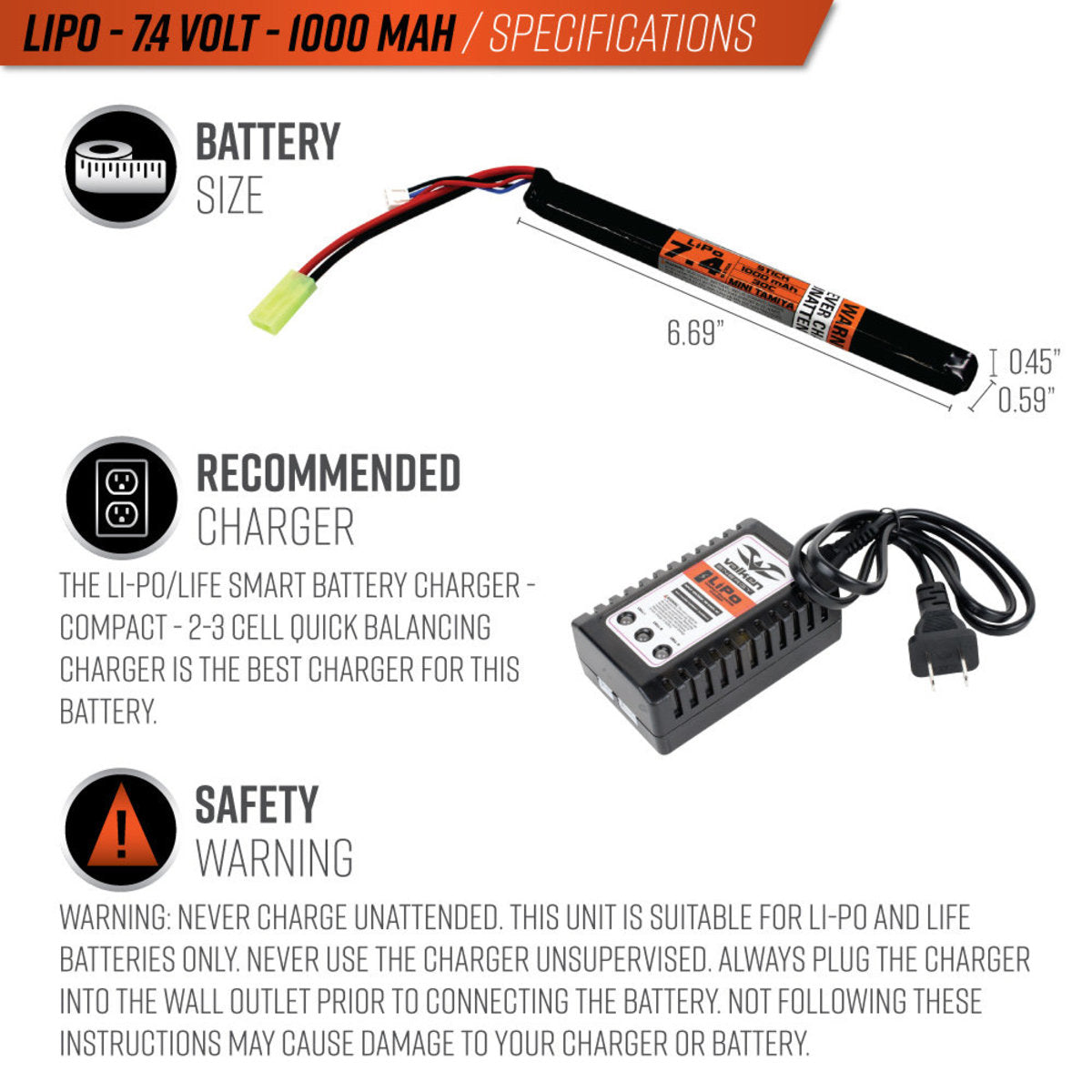 Valken Energy LiPo 7.4V 1000mAh 30C Long Stick Style Battery