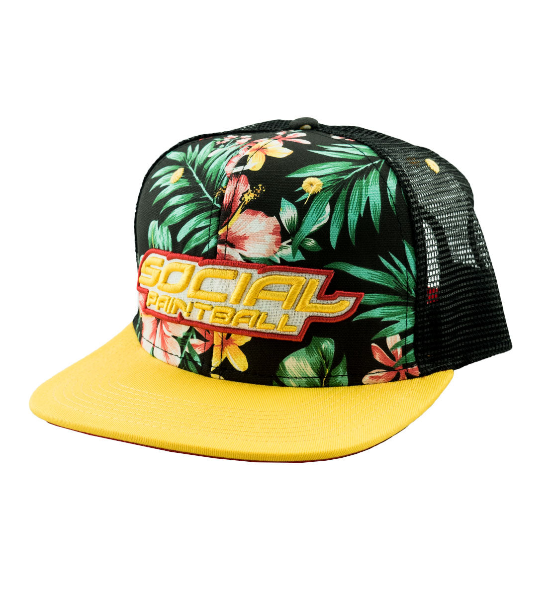 Social Paintball Snapback Hat - Black Hawaiian Yellow Bill Trucker - Social Paintball